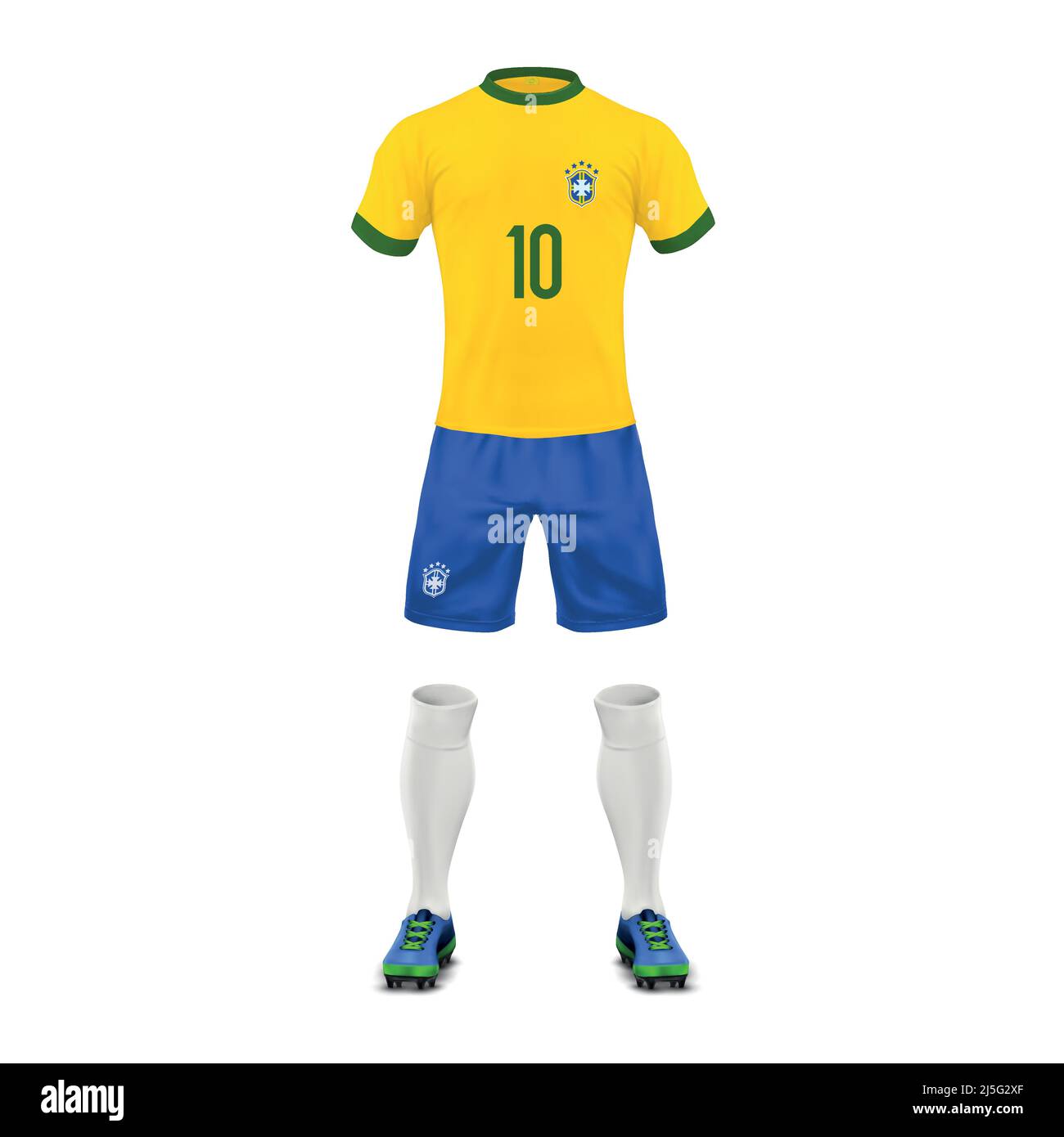 Vector realistic soccer uniform of a Brazil team, set of sports wear, shirt, shorts, socks and boots, isolated on background. Mockup of Brazilian foot Stock Vector