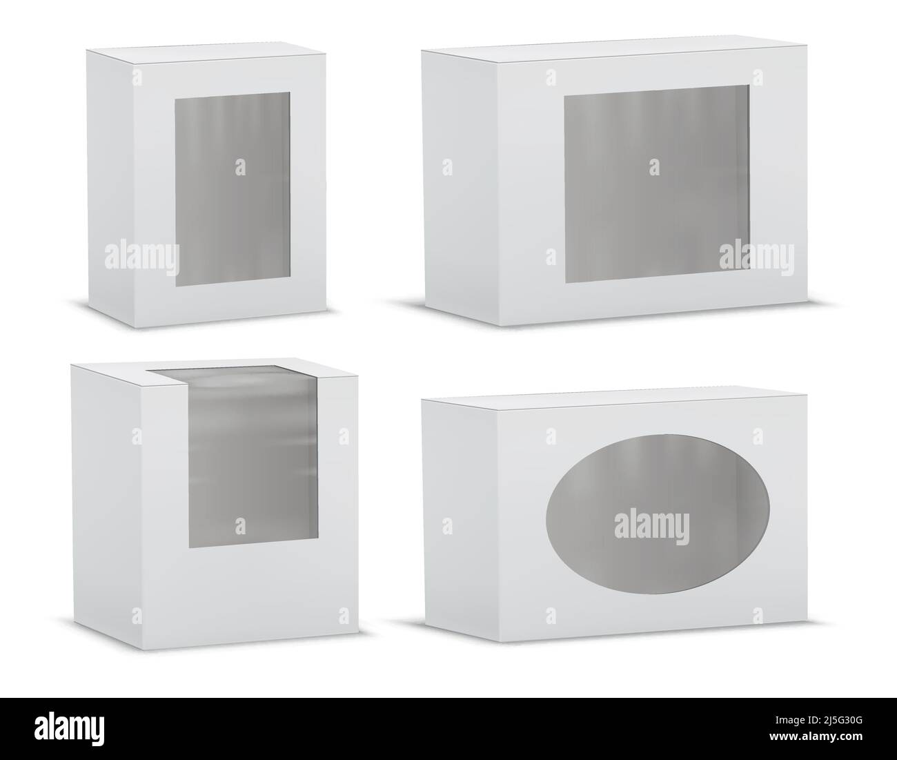 Vector set of realistic empty cardboard boxes with transparent windows isolated on background. Clipart with carton or paper white packages, gift packa Stock Vector