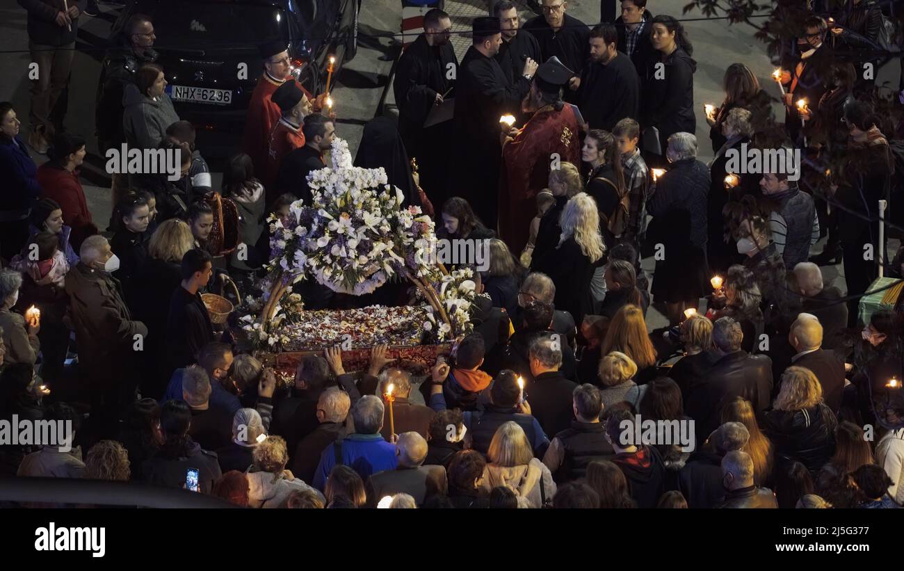 Good Friday Orthodox Easter Epitaph procession. Crowd holding candles