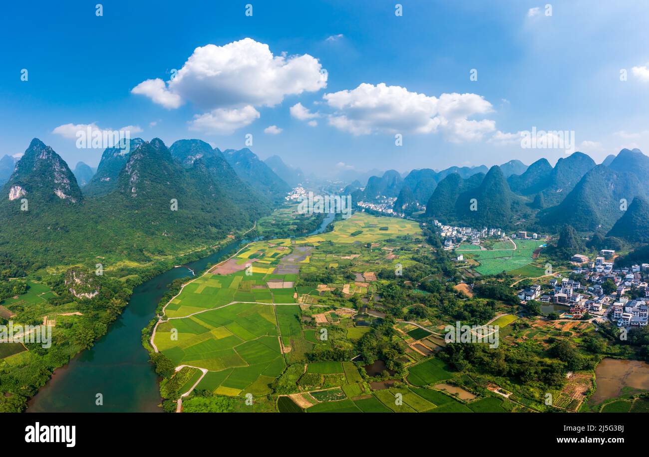 Aerial view of Lijiang River Scenic Area in Guilin, China. It is a World Natural Heritage site and the largest karst landscape in the world. Stock Photo