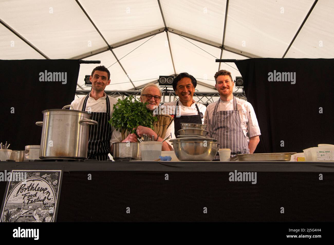 Cornwall, UK. 23rd Apr, 2022. Antony Worrall Thompson, assisted by Marcus Houghton, Jude Kereama assisted by his head chef, Peter Almond, Cornwall's favourite food and music festival in the village of Porthleven Food Festival, 2022 Festival taking place April 22-24. A free local festival of food and music. created by the people of Porthleven and surrounds. Credit: kathleen white/Alamy Live News Credit: kathleen white/Alamy Live News Stock Photo