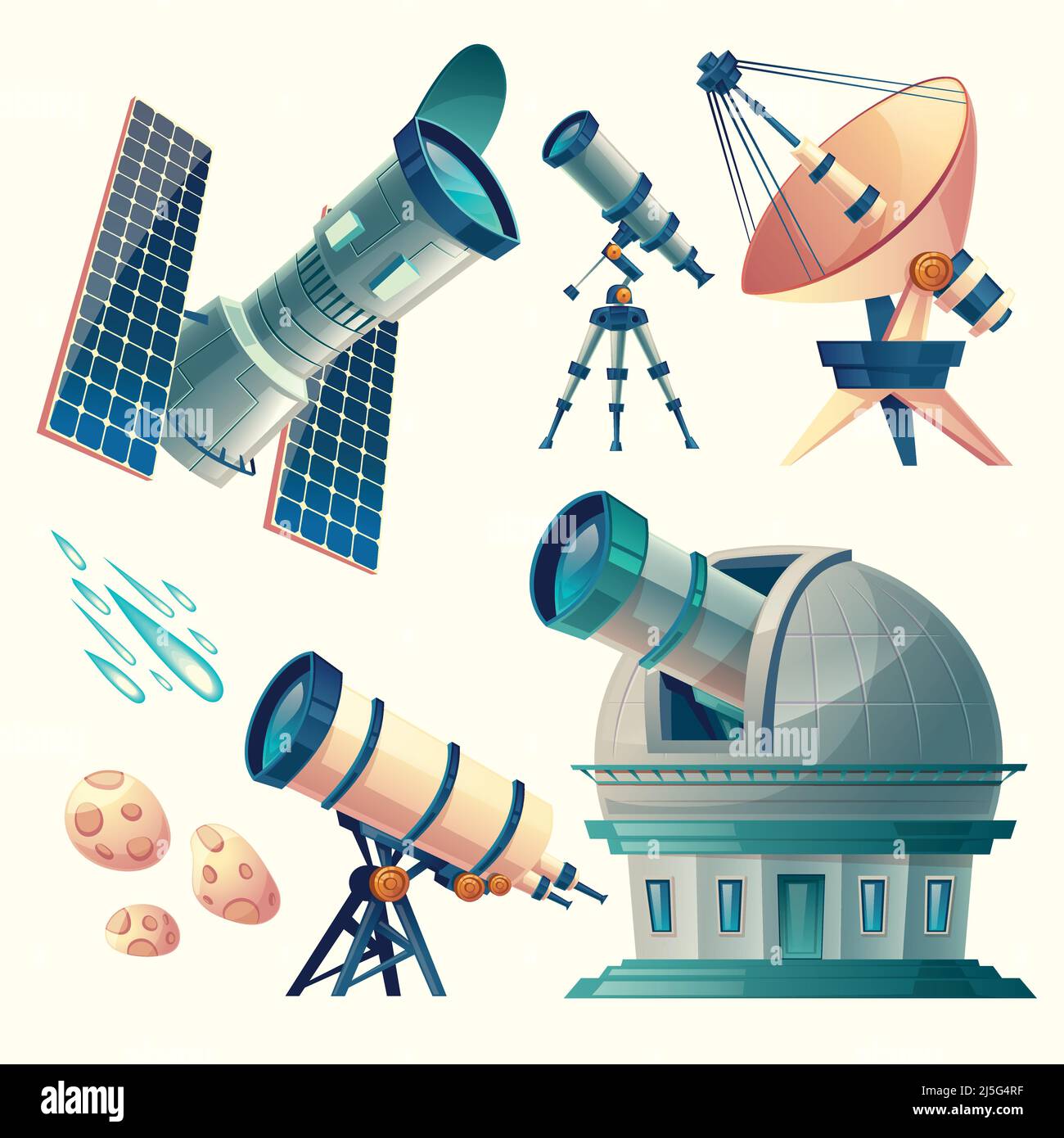 Vector cartoon astronomy set. Astronomical telescopes - radio, orbital ...