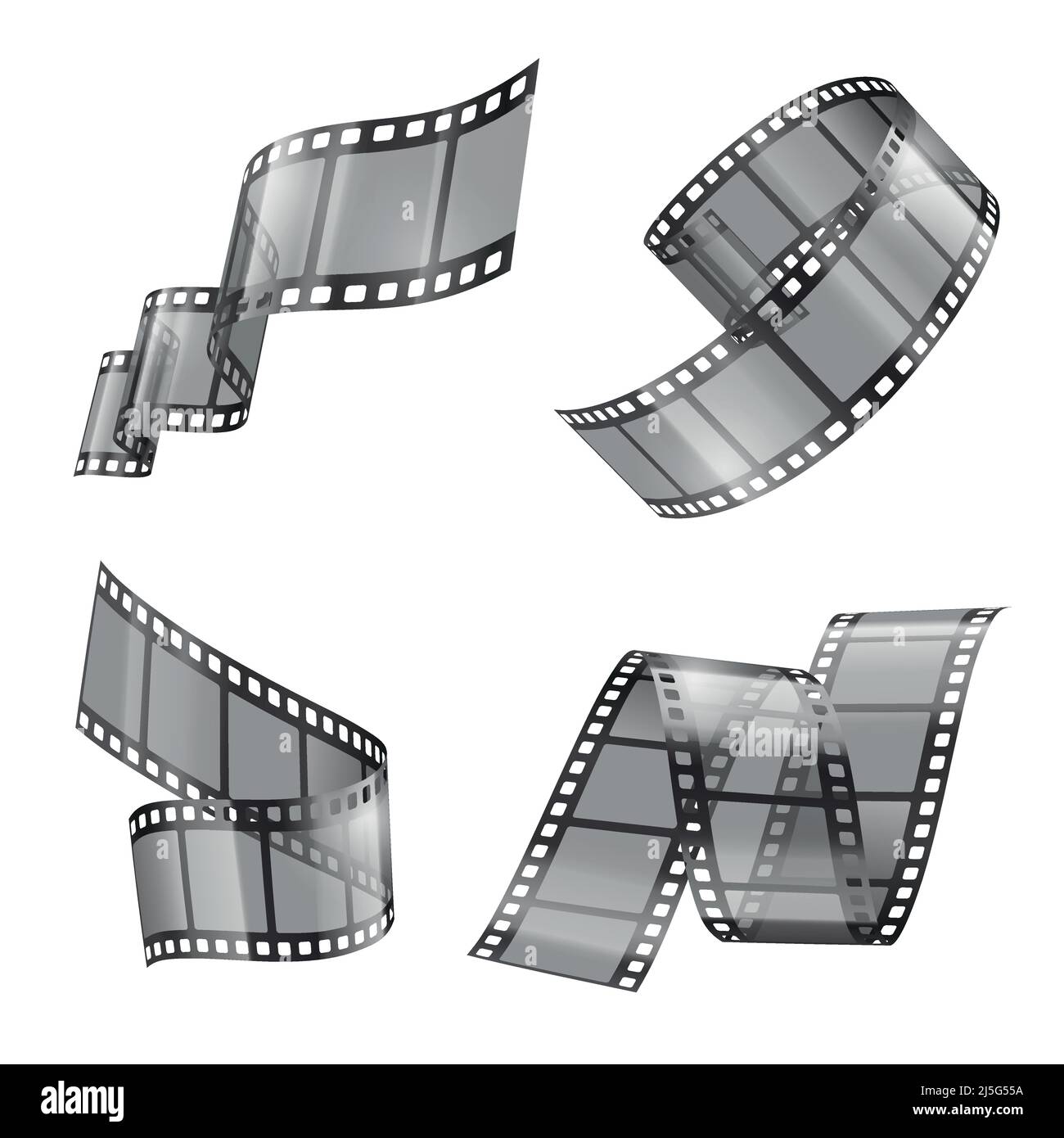 Vector realistic set of film strip, movie or photo tape, curved fragments, empty and transparent isolated on background. Retro cinema frames with blac Stock Vector