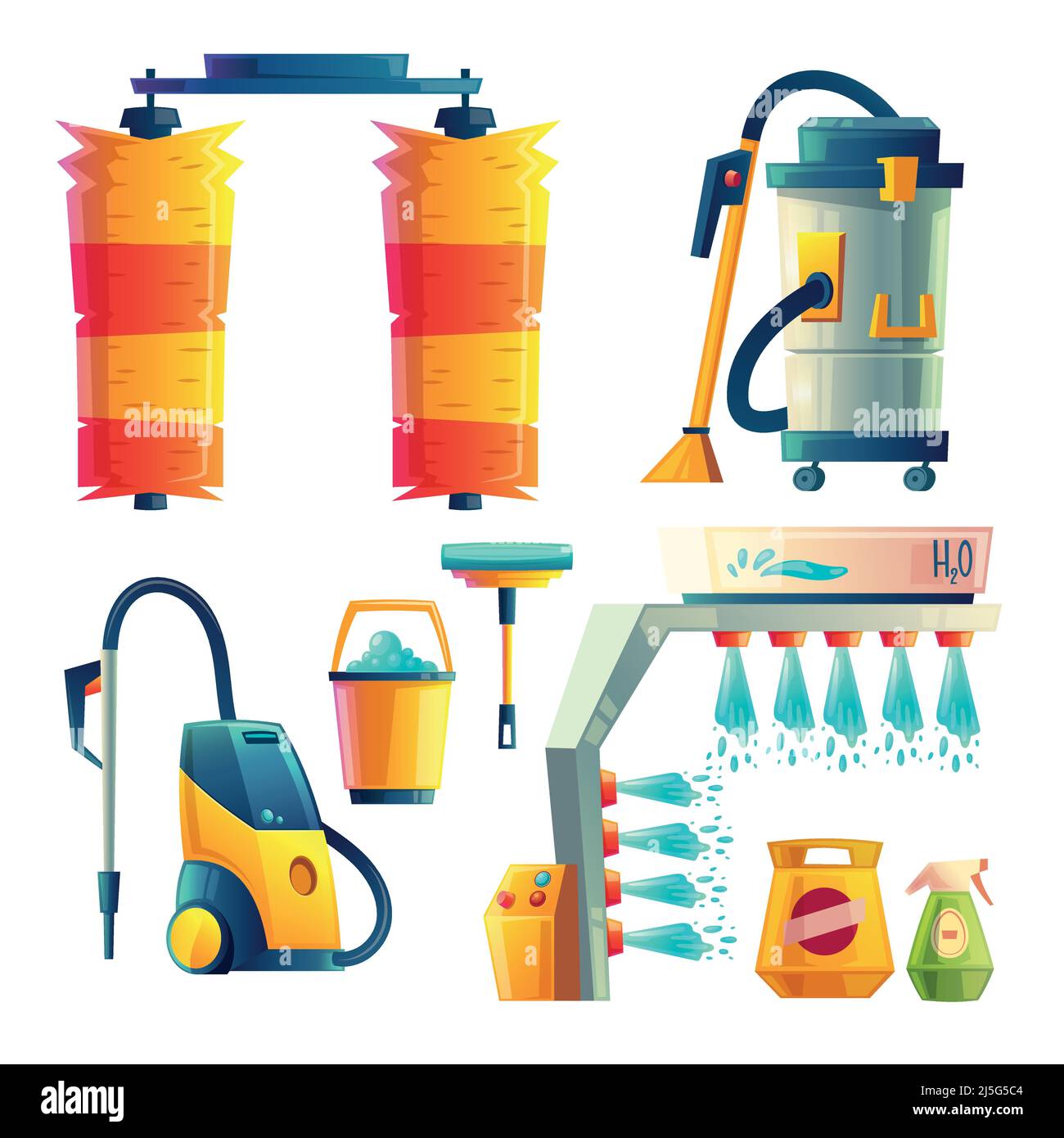 Vector set of cartoon bright car washing elements. Automobile service