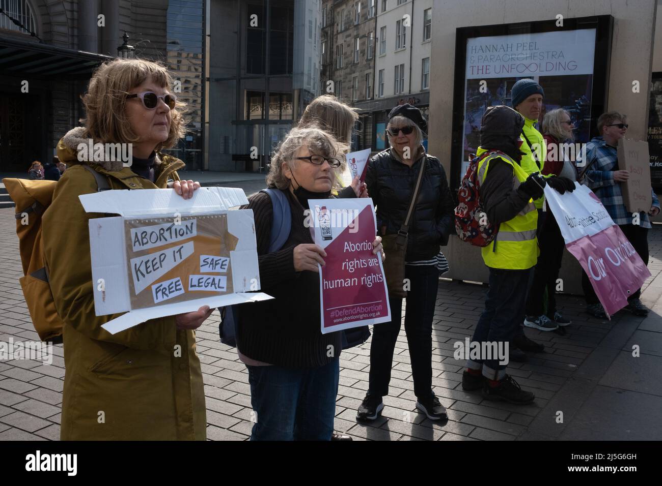 Edinburgh, UK, 23rd April 2022. Pro-Choice campaigners hold placards, as Pro-Life and Pro-Choice campaigners face each other across Lothian Road, on the anniversary day of the 1967 Abortion Act becoming law. A private membersÕ bill has been proposed for Scottish Parliament to stop Pro-Life campaigning outside hospitals. In Edinburgh, UK, 23 April 2022. Stock Photo