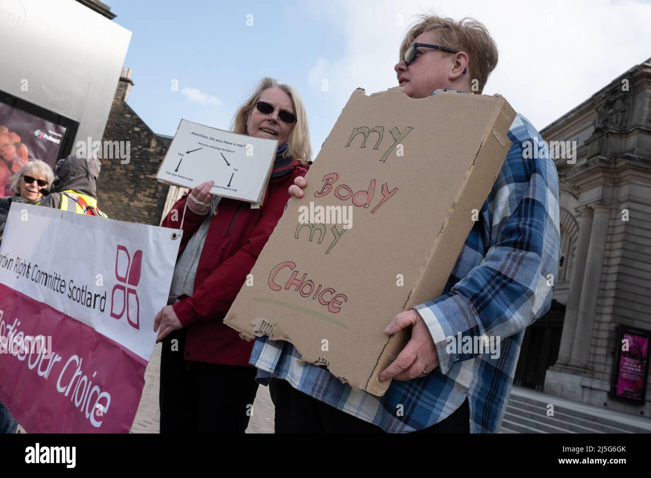 Edinburgh, UK, 23rd April 2022. Pro-Choice campaigners hold placards, as Pro-Life and Pro-Choice campaigners face each other across Lothian Road, on the anniversary day of the 1967 Abortion Act becoming law. A private membersÕ bill has been proposed for Scottish Parliament to stop Pro-Life campaigning outside hospitals. In Edinburgh, UK, 23 April 2022. Stock Photo