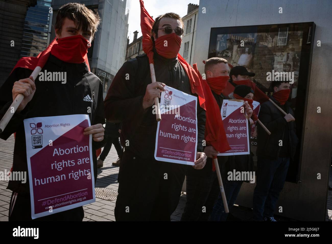 Edinburgh, UK, 23rd April 2022. Young Communist League members supporting Pro-Choice campaign, as a Pro-Life and Pro-Choice campaigners face each other across Lothian Road, on the anniversary day of the 1967 Abortion Act becoming law. A private membersÕ bill has been proposed for Scottish Parliament to stop Pro-Life campaigning outside hospitals. In Edinburgh, UK, 23 April 2022. Stock Photo