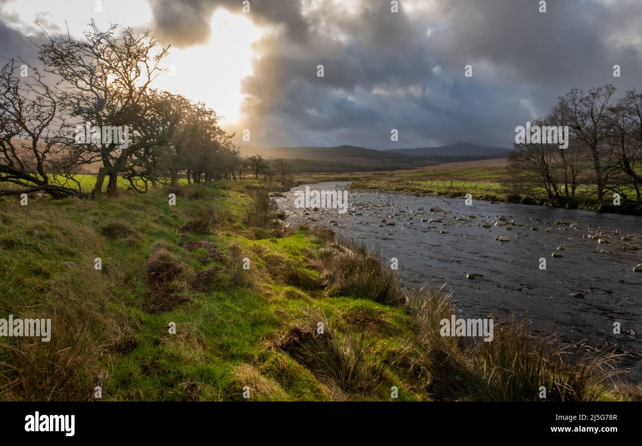 The Water of Deugh near Carsphairn at sunset in winter, Dumfries and Galloway, Scotland Scotland Stock Photo