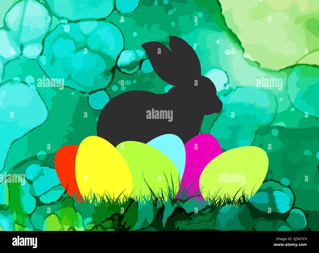 Rabbit and eggs on a watercolor background. Happy easter. Vector illustration Stock Vector