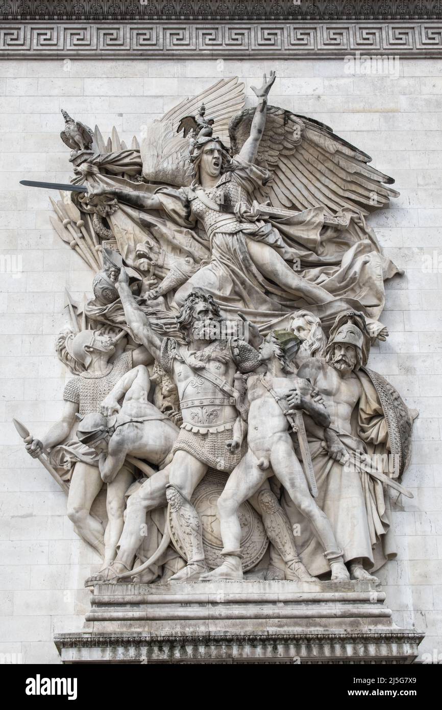 Paris:The Departure of 1792 (or The Marseillaise) by Francois Rude, one of the four main sculptural groups of Arc de Triomphe (Triumphal Arch) Stock Photo