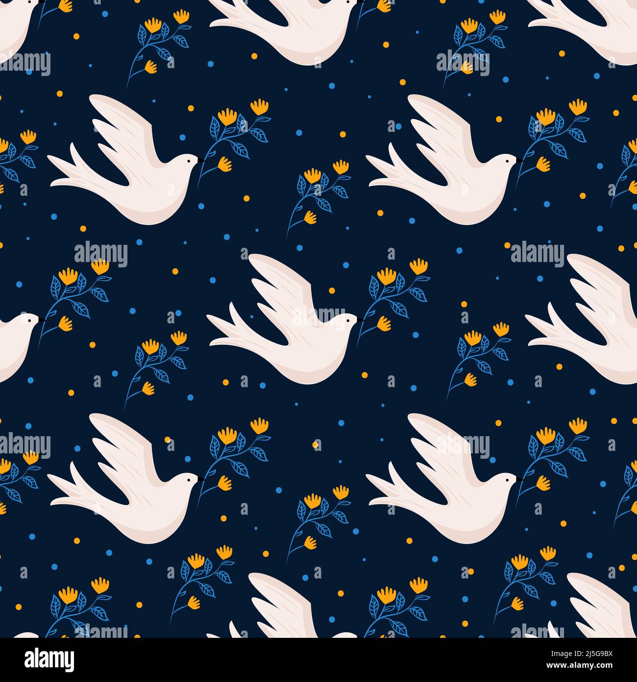 Seamless vector pattern with doves, plants, and feathers. Background with flying birds and plants in yellow and blue colors. Stock Vector