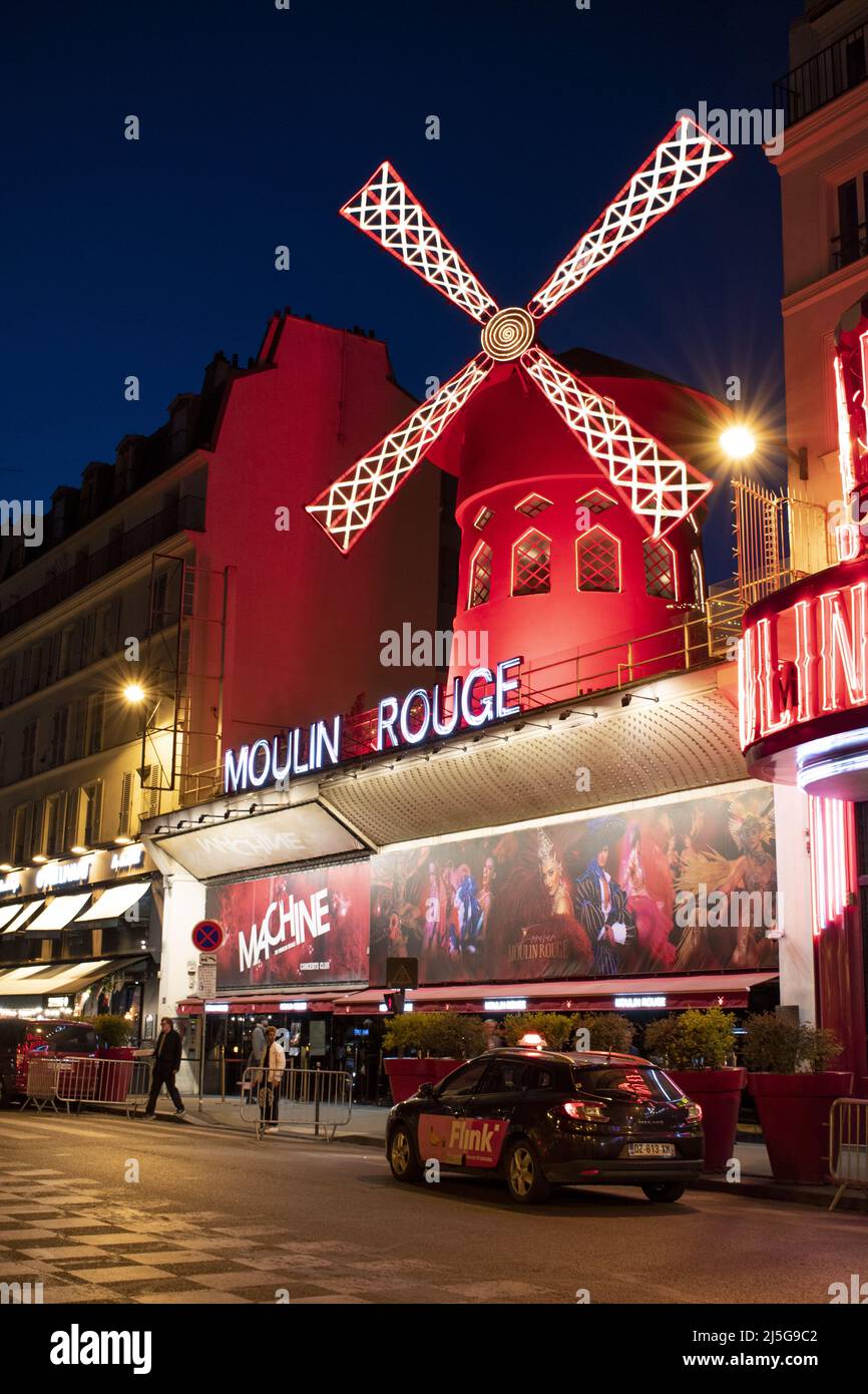 Paris neon signs and exteriors of Moulin Rouge, one of the most famous