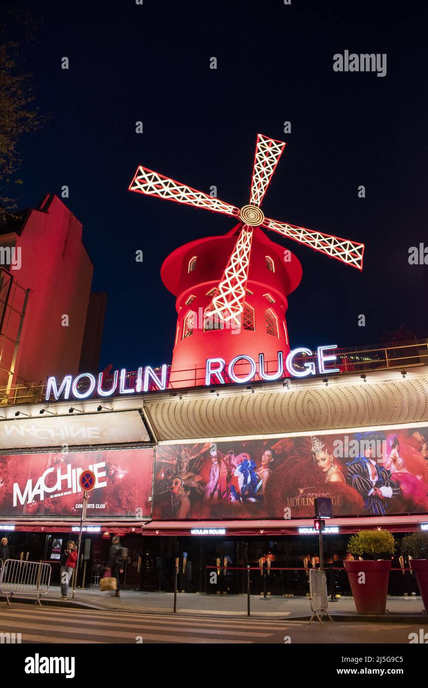 Paris: neon signs and exteriors of Moulin Rouge, one of the most famous clubs in Paris, inaugurated on 6 October 1891in the Pigalle red light district Stock Photo