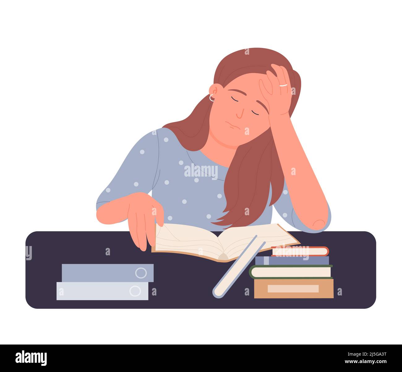 Bored reading female teenager. Exhausted sleepy student studying isolated illustration Stock Vector