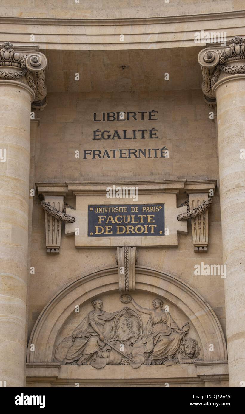 Paris: Sorbonne University, sign of the Faculty of Law of University of Paris with national motto of French Republic Freedom, Equality, Brotherhood Stock Photo