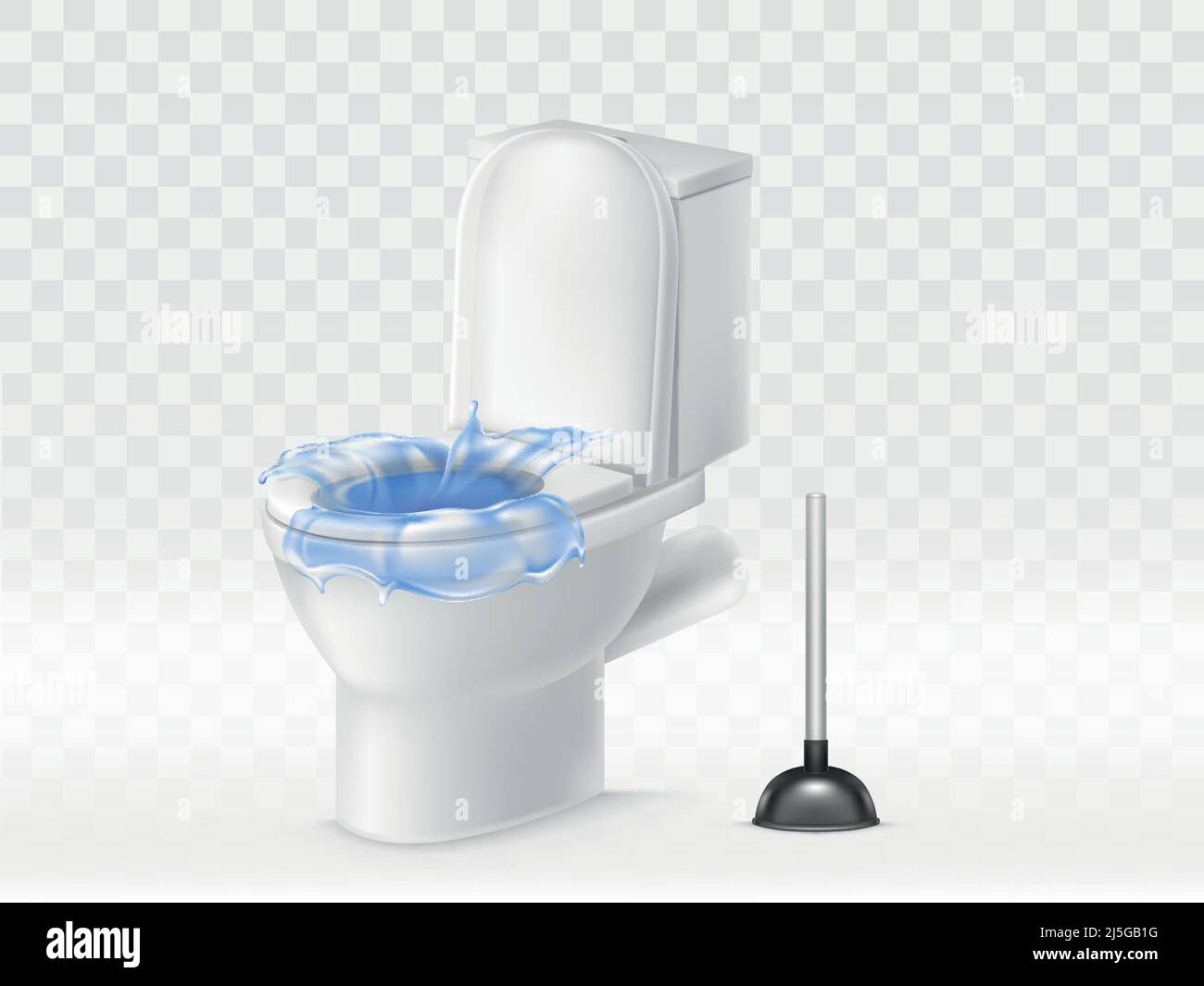 Vector 3d realistic clogged toilet bowl full of water. Plunger made clearing of wc. Splashing, flushing of blue liquid. Lavatory, closet object isolat Stock Vector