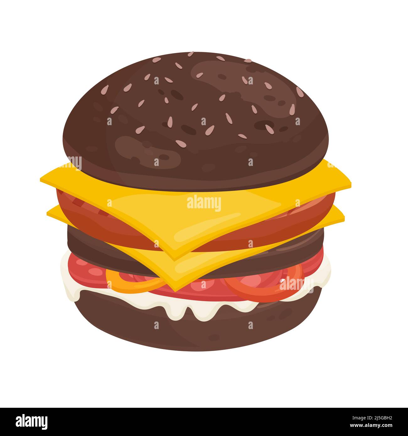 Huge delicious grilled burger with dark buns. Fresh fast food takeaway meal cartoon vector illustration Stock Vector