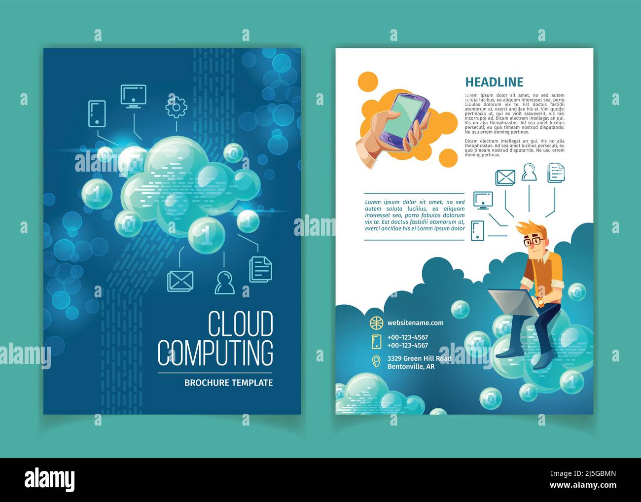 Cloud computing, global data storage, modern internet technologies vector concept illustration. Template for brochure with user sitting on abstract bu Stock Vector