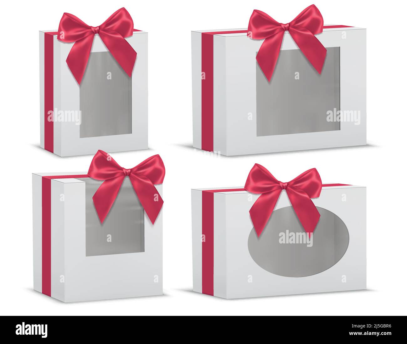 Vector realistic set of empty gift boxes with red silk bows and with transparent windows isolated on background. Mockup with cardboard or paper white Stock Vector