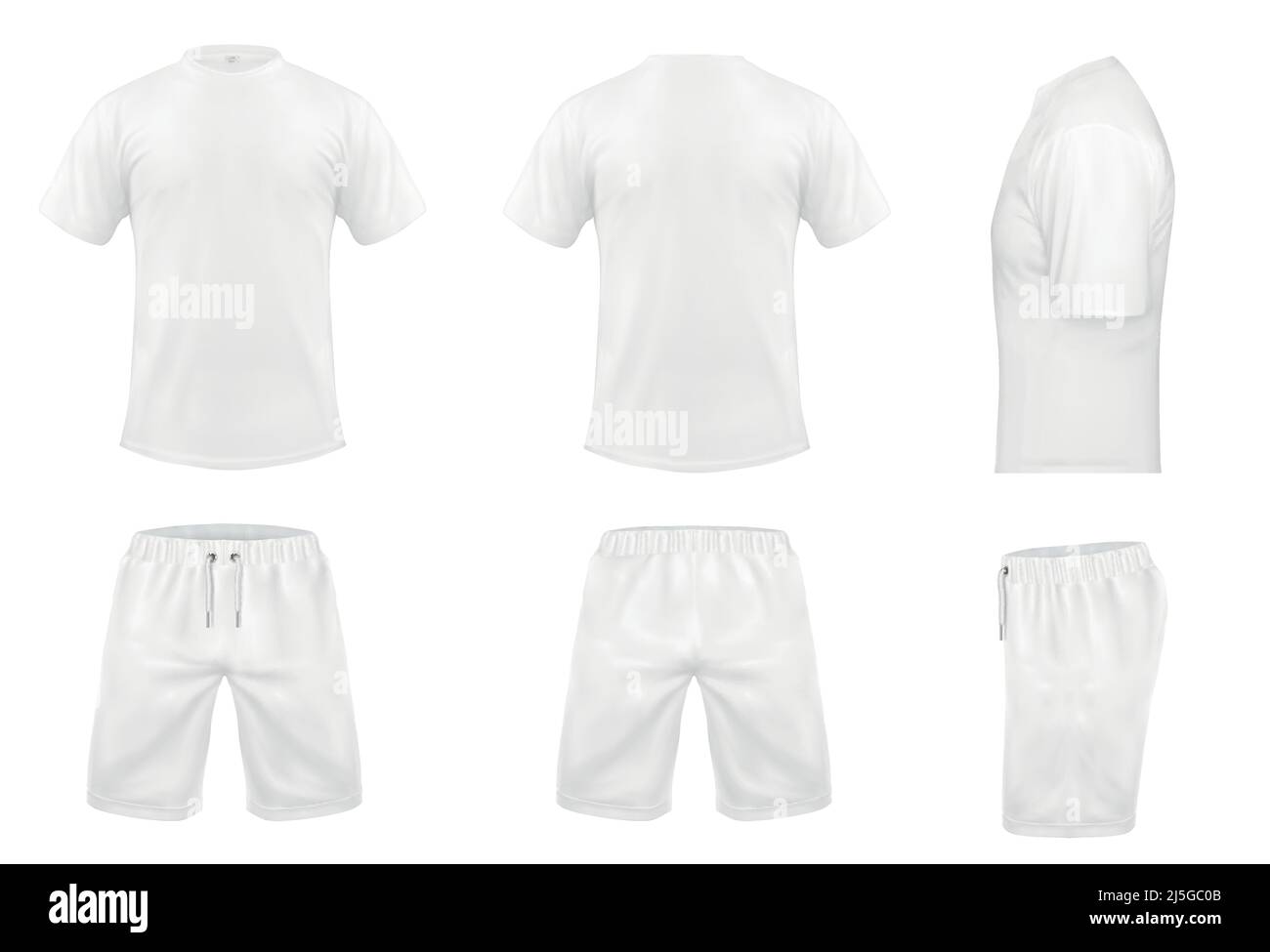 Vector realistic set of white t-shirts with short sleeves and shorts, sportswear, sport uniform for football or rugby isolated on background. Mockup f Stock Vector