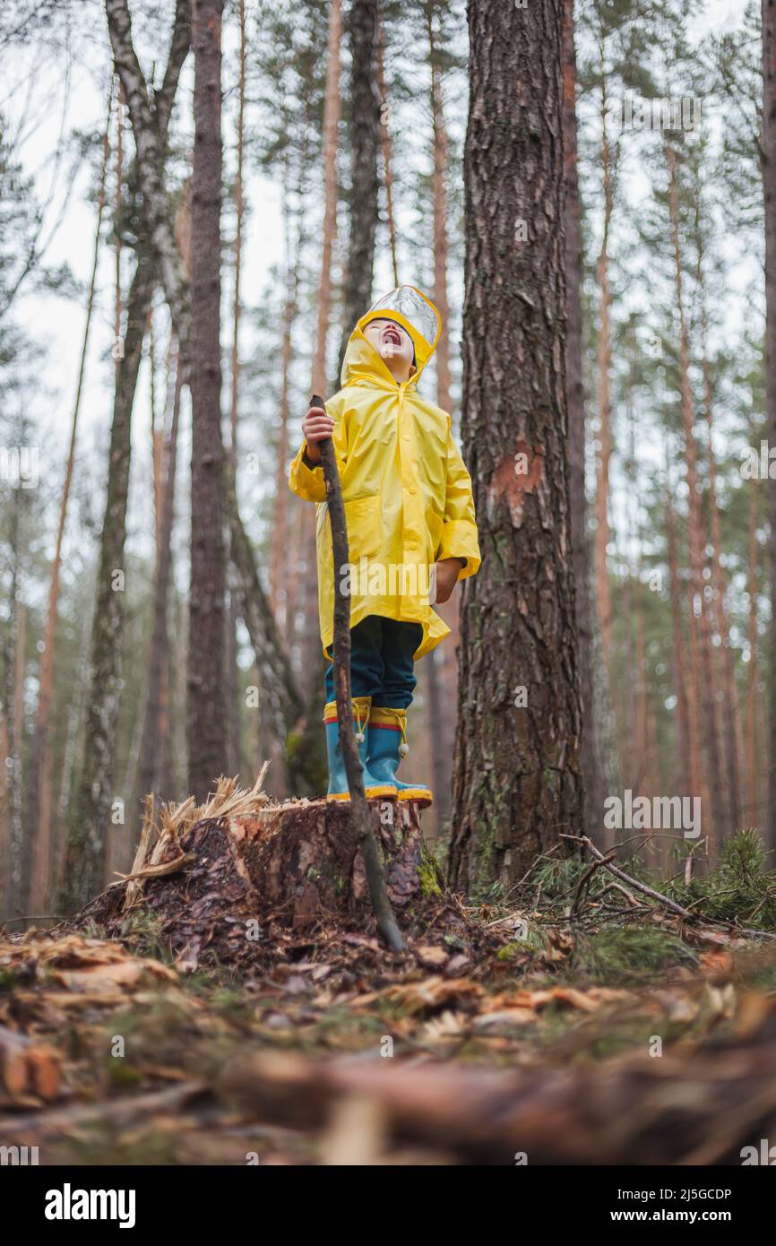 Child in yellow raincoat walking in the forest and fun, stands on a
