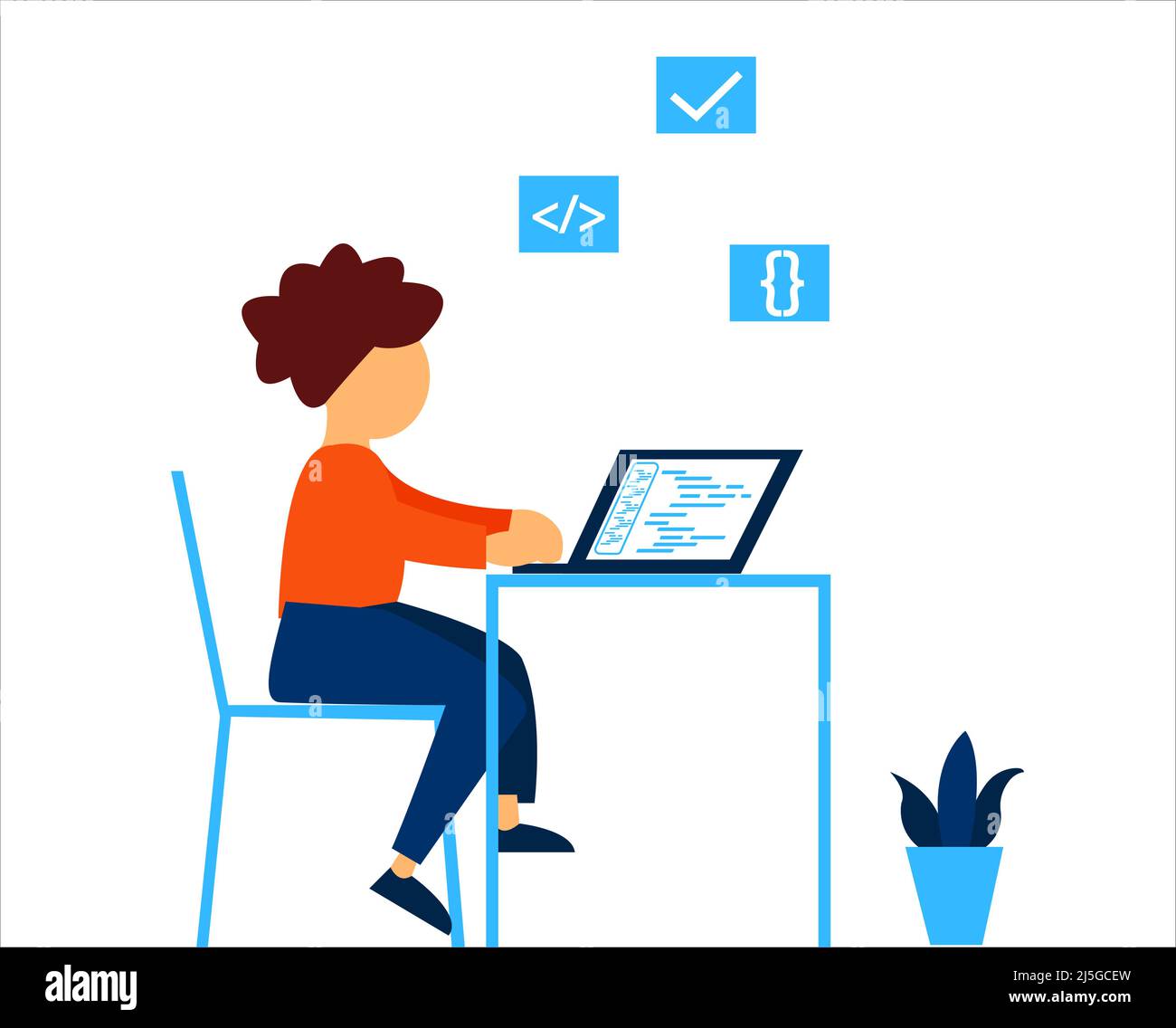 A small boy learning programming language Stock Vector