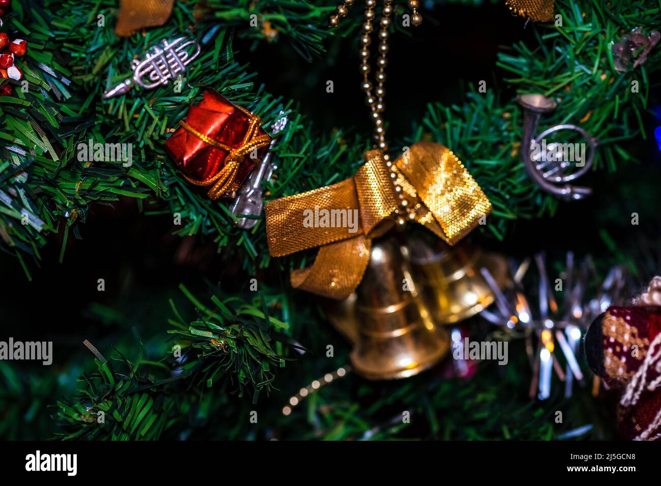 Christmas hanging decorations on fir tree. Decorated Christmas tree