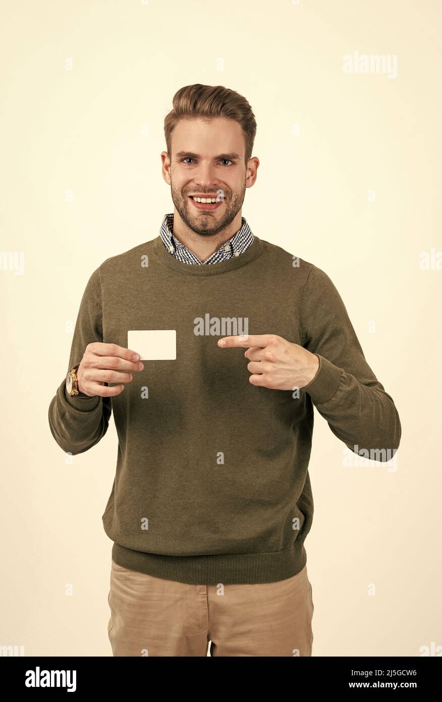 guy show driver license. man with credit or debit card, copy space. businessman show business card. Stock Photo