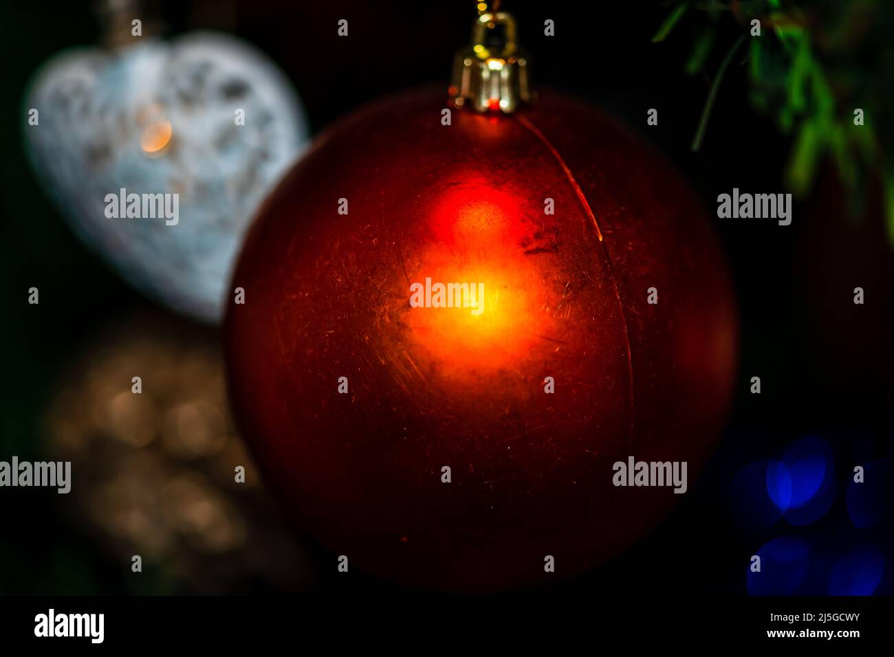 Christmas composition with seasonal decorations and ornaments Stock