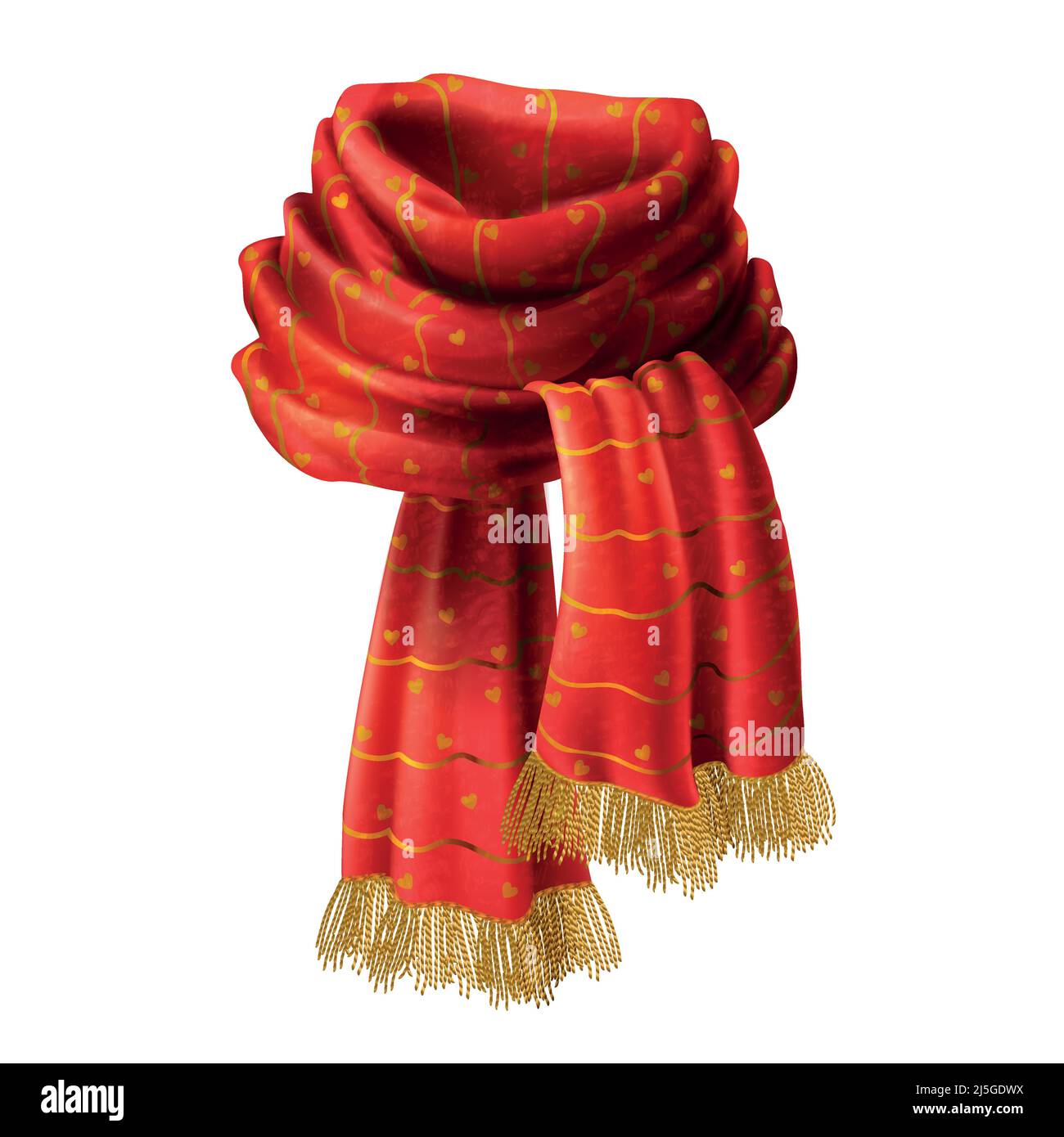Vector 3d realistic illustration of red knitted scarf with decorative pattern and gold fringe, isolated on background. Warm woolen knitwear for cold w Stock Vector