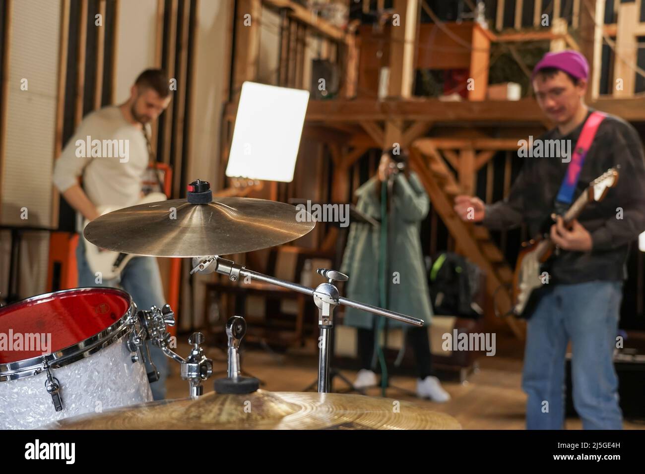 Highhat and crash cymbal closeup in the studio. Drum kit Stock Photo Alamy