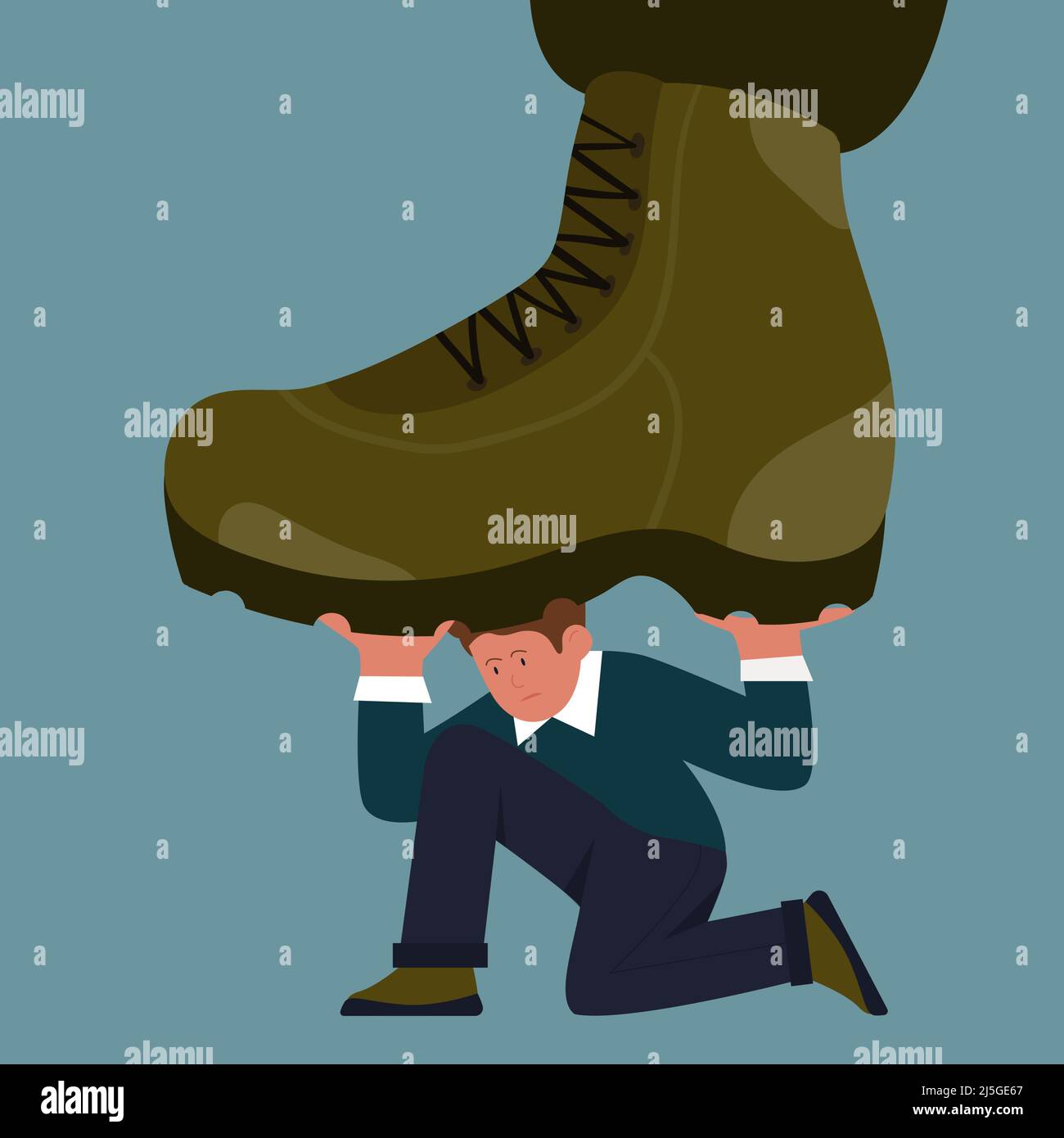 Businessman under giant military boot of army soldier. Violence of dictators towards tiny man, big shoes crush business people flat vector illustration. Freedom, tyranny, dictatorship concept Stock Vector