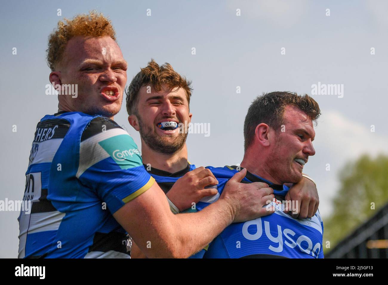 23rd April 2022,  The Recreation Ground, Bath, Somerset, England; Gallagher Premiership Rugby, Bath versus Northampton; Ben Spencer celebrates with Tom de Glanville and Miles Reid of Bath after scoring his second try Credit: Action Plus Sports Images/Alamy Live News Stock Photo