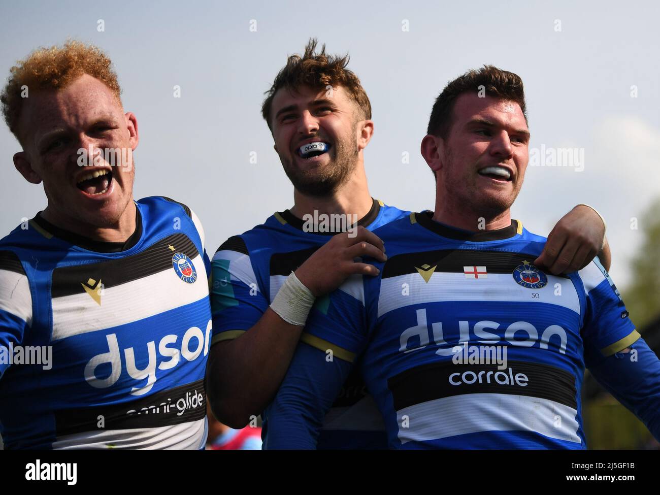 23rd April 2022, The Recreation Ground, Bath, Somerset, England; Gallagher Premiership Rugby, Bath versus Northampton; Ben Spencer celebrates with Tom de Glanville and Miles Reid of Bath after scoring his second try Credit: Action Plus Sports Images/Alamy Live News Stock Photo