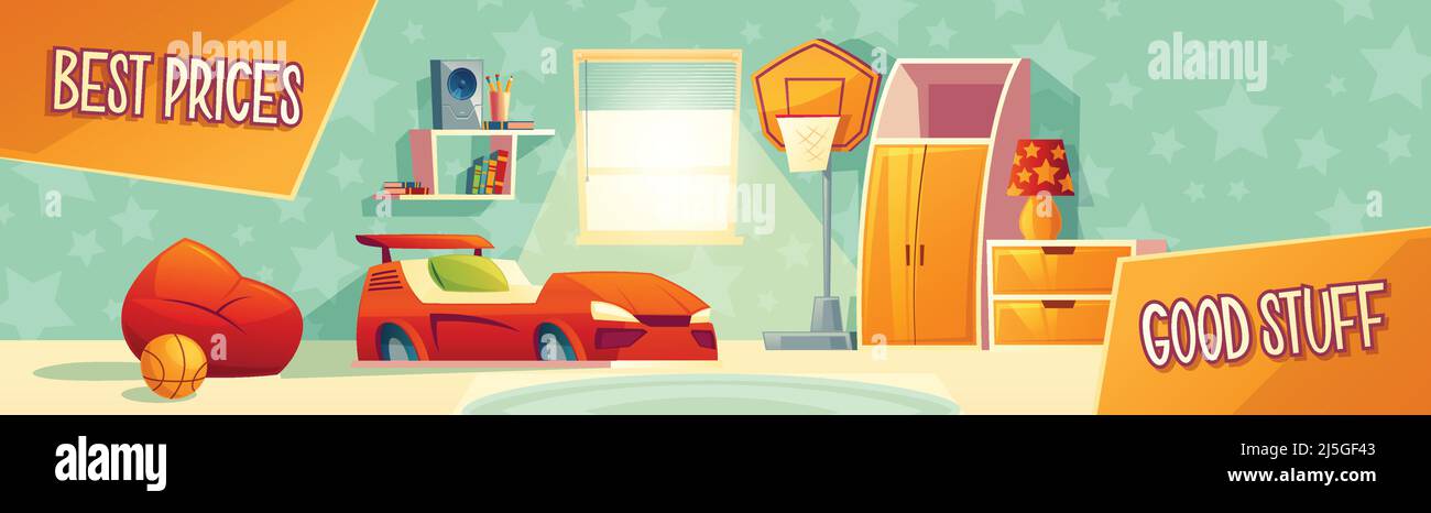 Kid room furniture advertisement illustration of home interior collection for store, banner or poster template. Boy bedroom best price for car bed, ch Stock Vector