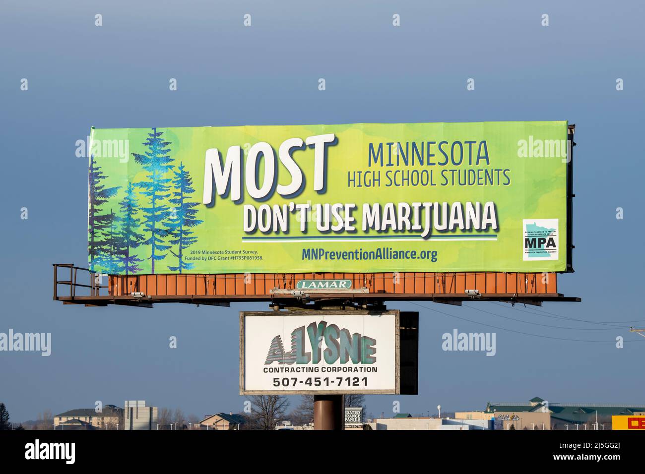 Owatonna, Minnesota.  Marijuana prevention sign for high school students. Stock Photo