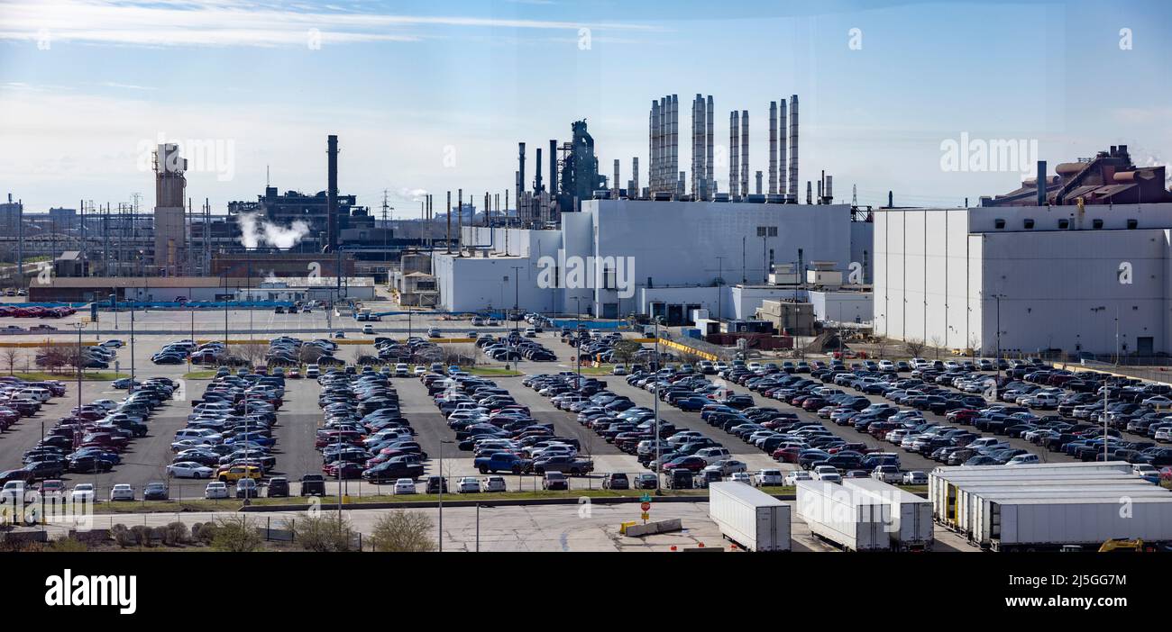 employee car park, The Ford Motor Company River Rouge automobile factory Complex, Dearborn, Michigan, USA Stock Photo