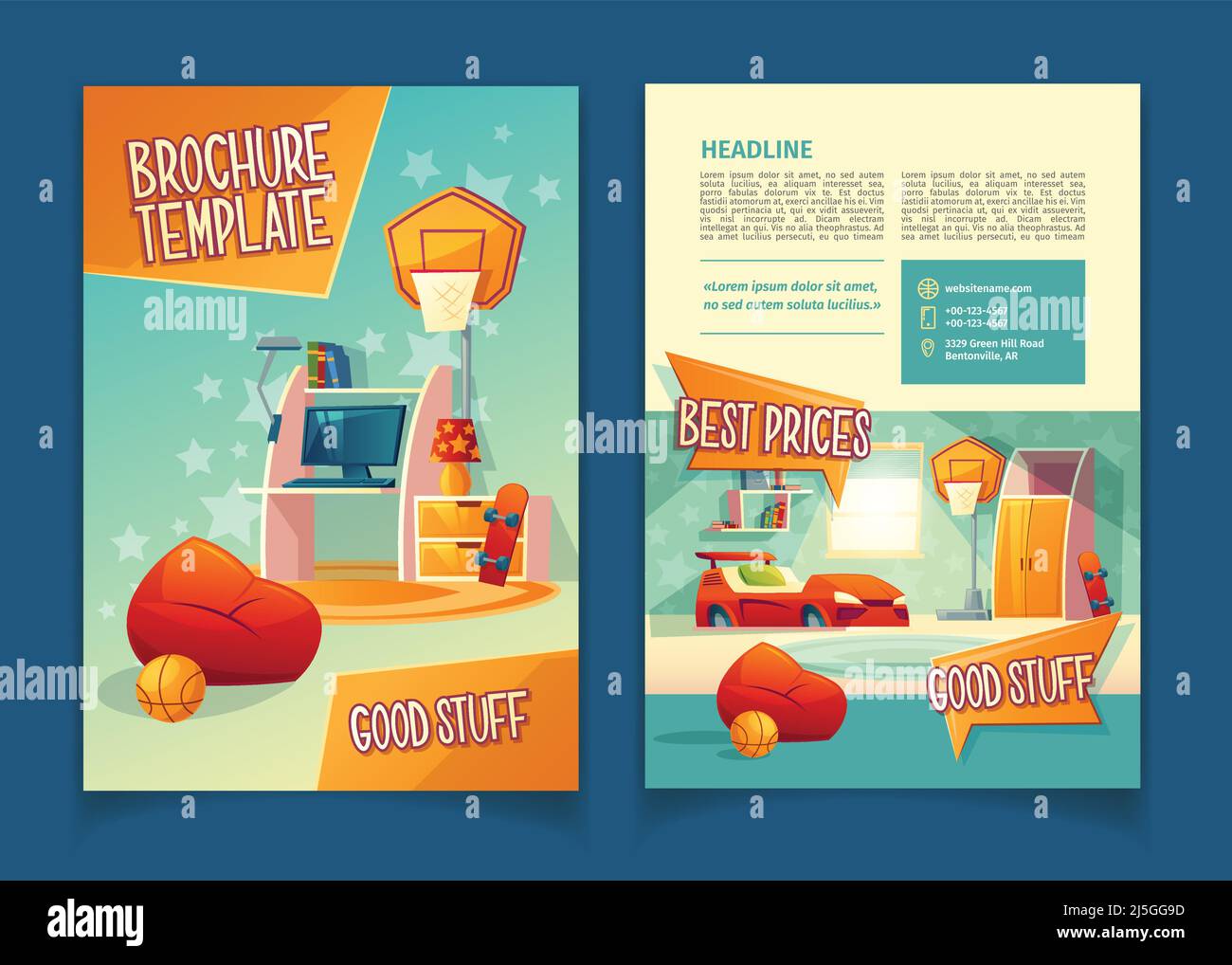 Vector furniture store brochure, concept with cartoon decor elements for children room. Booklet, flyer with goods, special offer in shops, market for Stock Vector