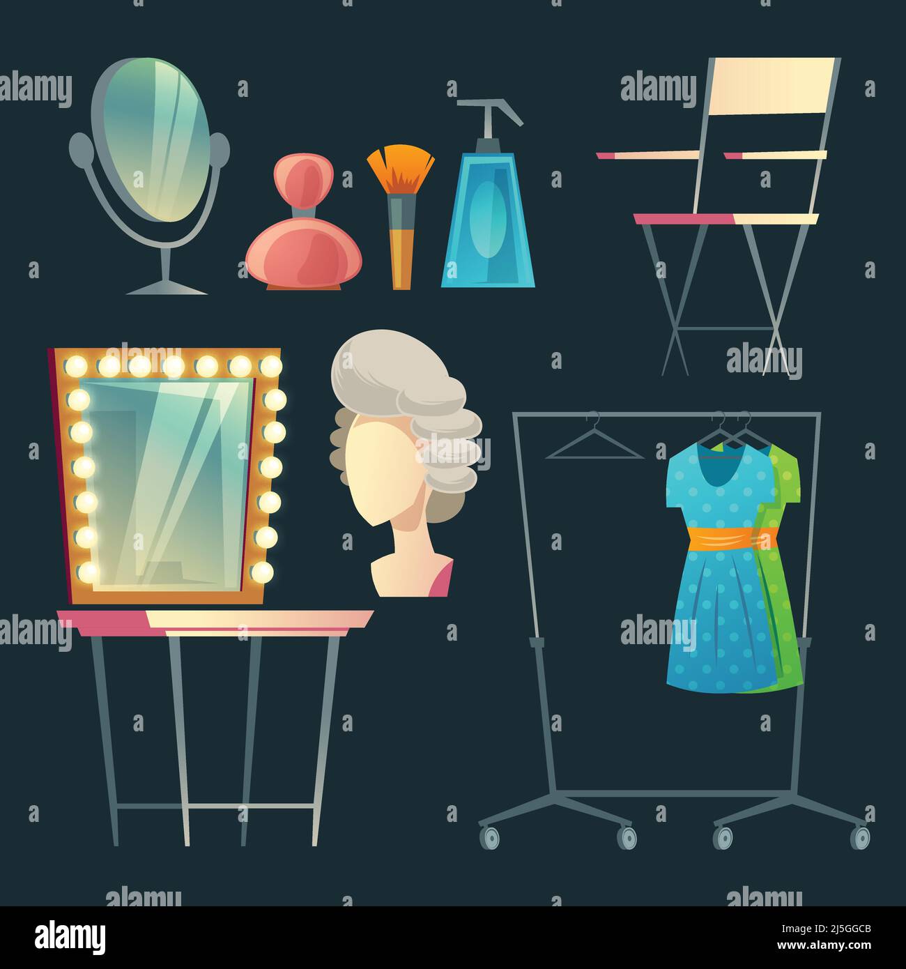 Vector cartoon actress, actor's dressing room. Collection with furniture, clothing and hanger with costumes. Table with light bulbs and mirror. Makeup Stock Vector