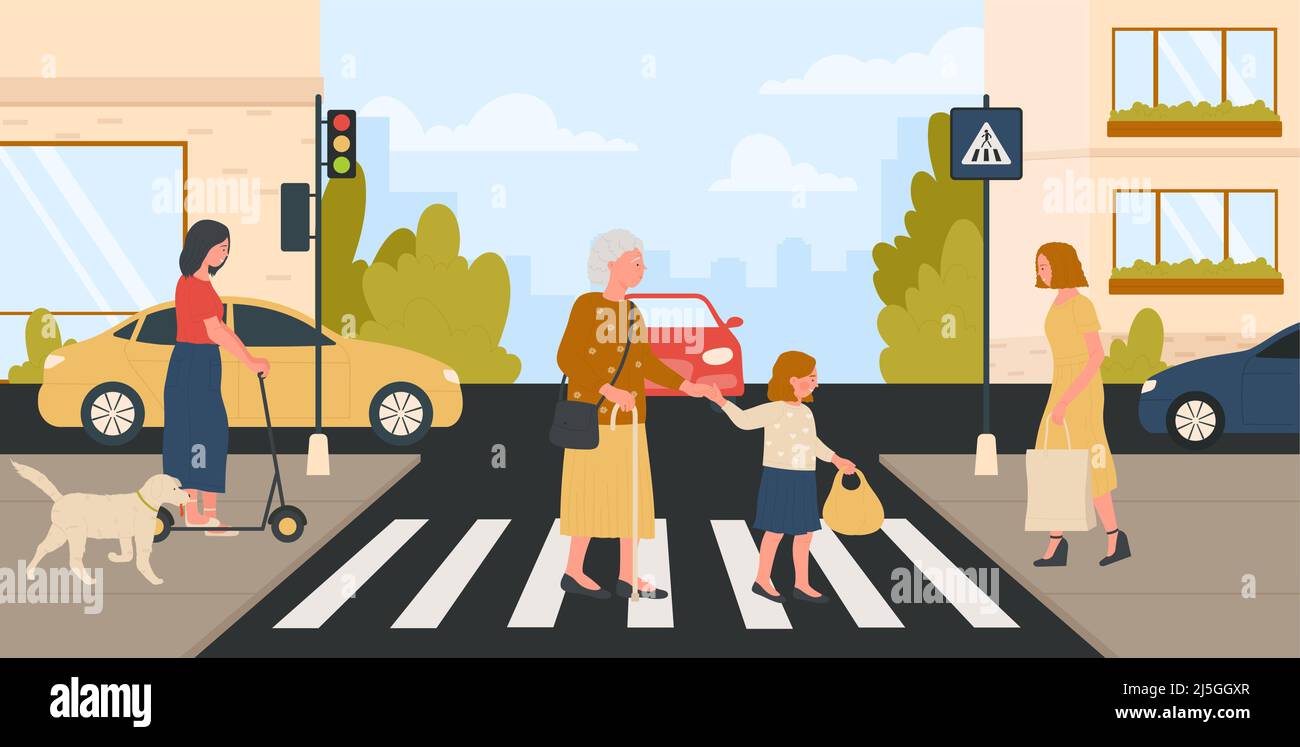 Polite kid holding granny hand to help cross city road at pedestrian crossing vector illustration. Cartoon girl with good manners and elderly woman walk on crosswalk background. Courtesy concept Stock Vector