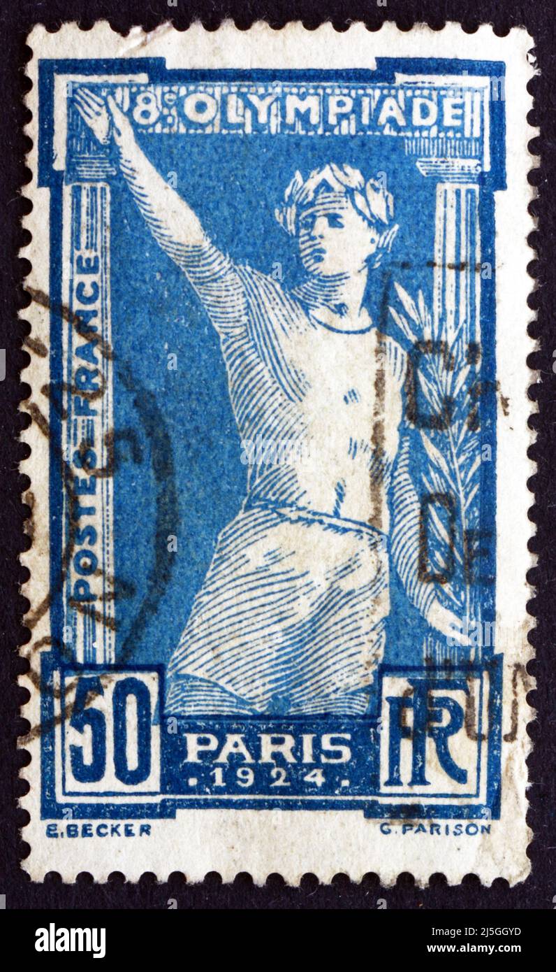 FRANCE - CIRCA 1924: a stamp printed in the France shows Victorious Athlete, 8th Olympic Games, Paris, circa 1924 Stock Photo