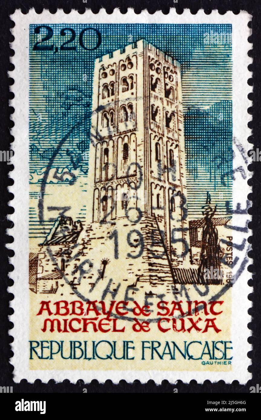 FRANCE - CIRCA 1985: a stamp printed in the France shows St. Michel de Cuxa Abbey, is a Benedictine Abbey located in Codalet, in Southwestern France, Stock Photo