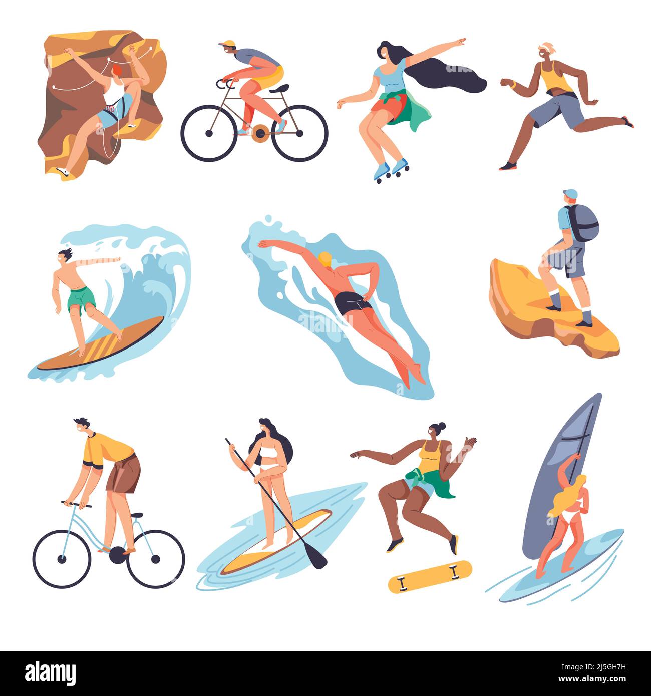 Sports and activities in summer, isolated people resting by seaside. Surfing and swimming, mountaineering or standing on sup board. Skating and riding Stock Vector