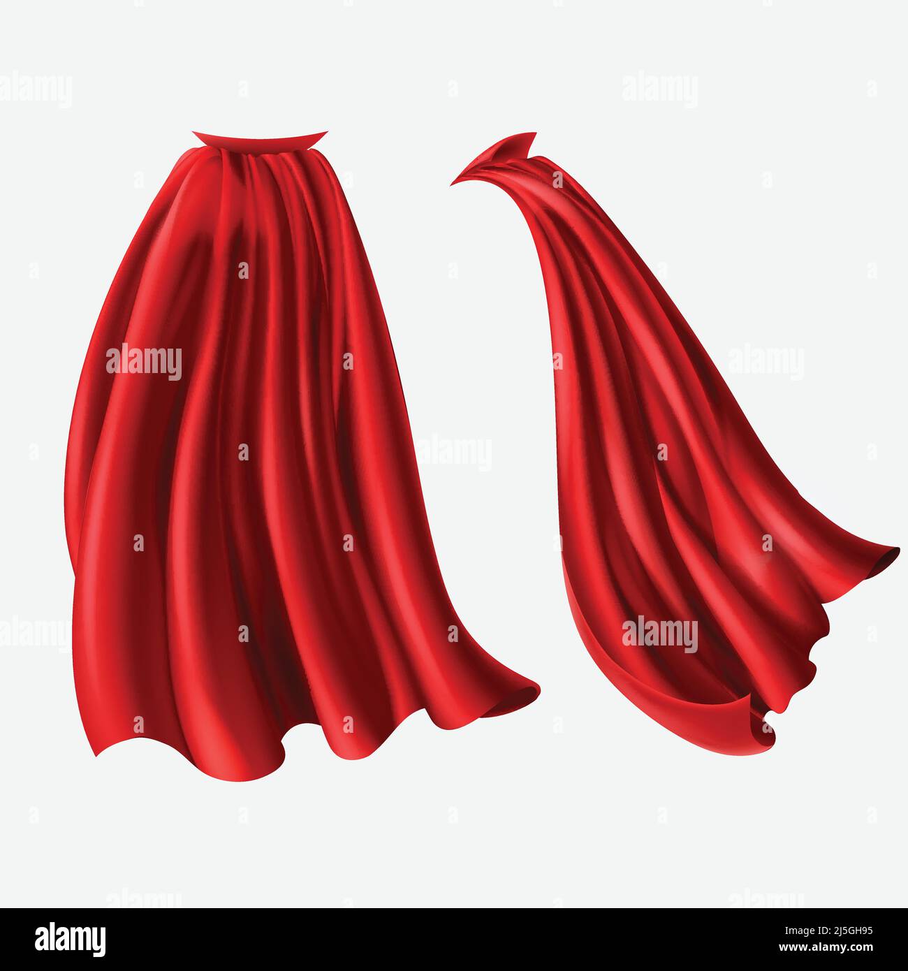 Vector realistic set of red cloaks, flowing silk fabrics isolated on white background. Satin wavy materials, drapery. Carnival clothes, decorative cos Stock Vector
