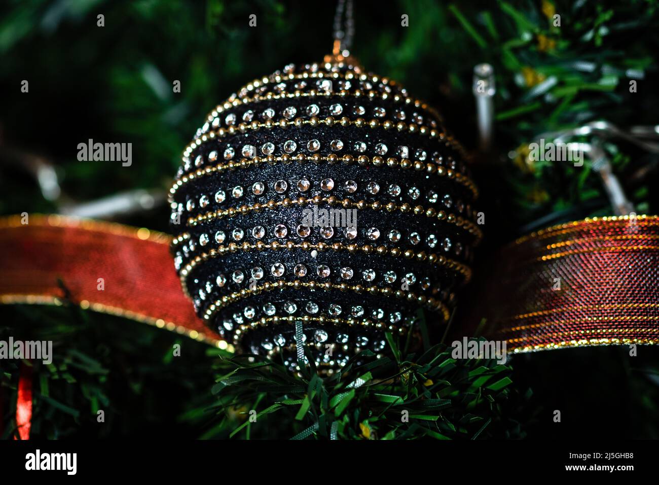 Christmas hanging decorations on fir tree. Decorated Christmas tree