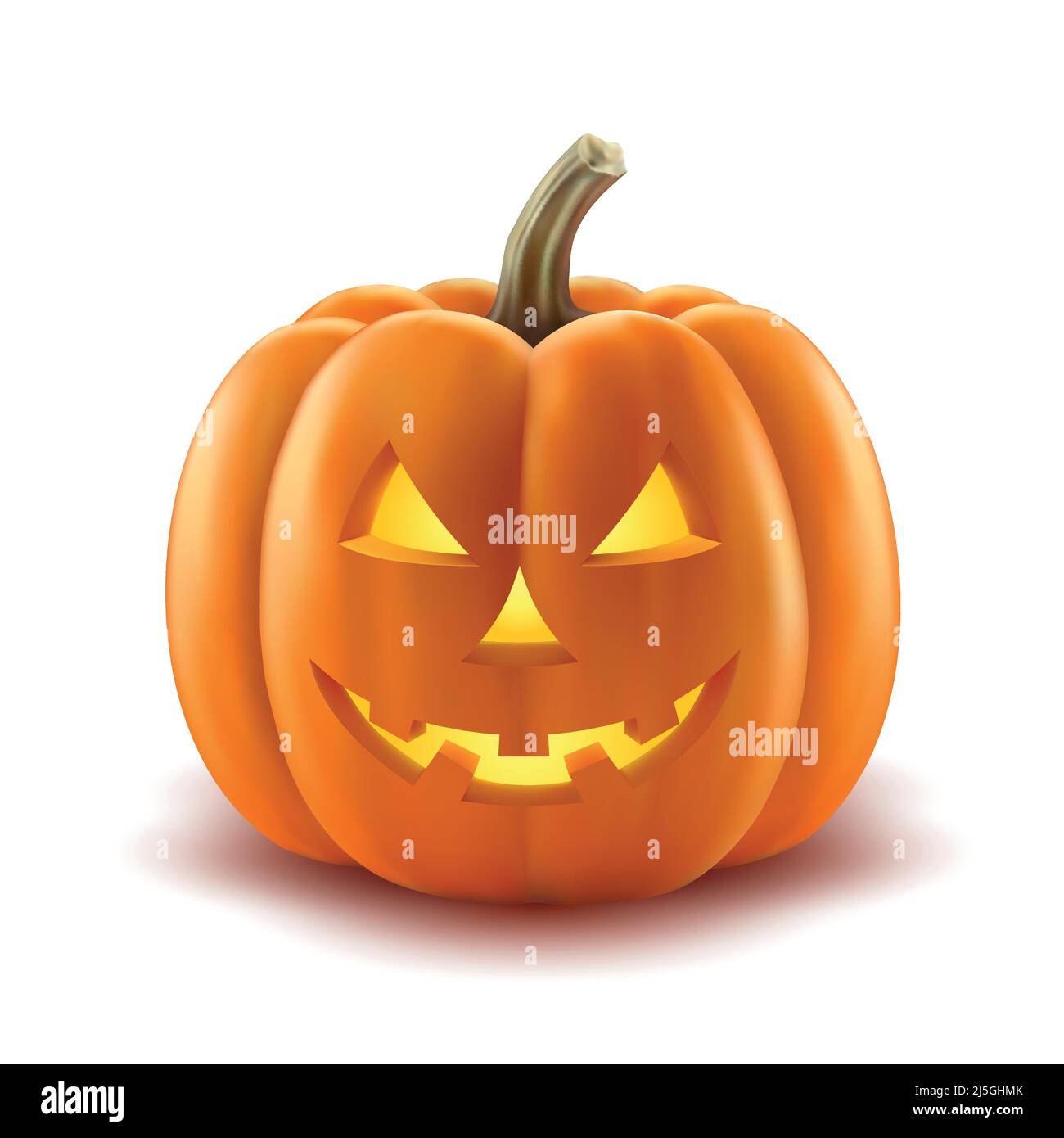 Scary pumpkin jack-o-lantern with creepy toothy smile and fiery glow inside realistic vector illustration isolated on white background. Traditional de Stock Vector