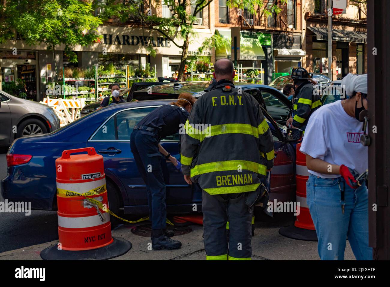 A car drove to the sidewalk. Accident in the park slope, Brooklyn, NY