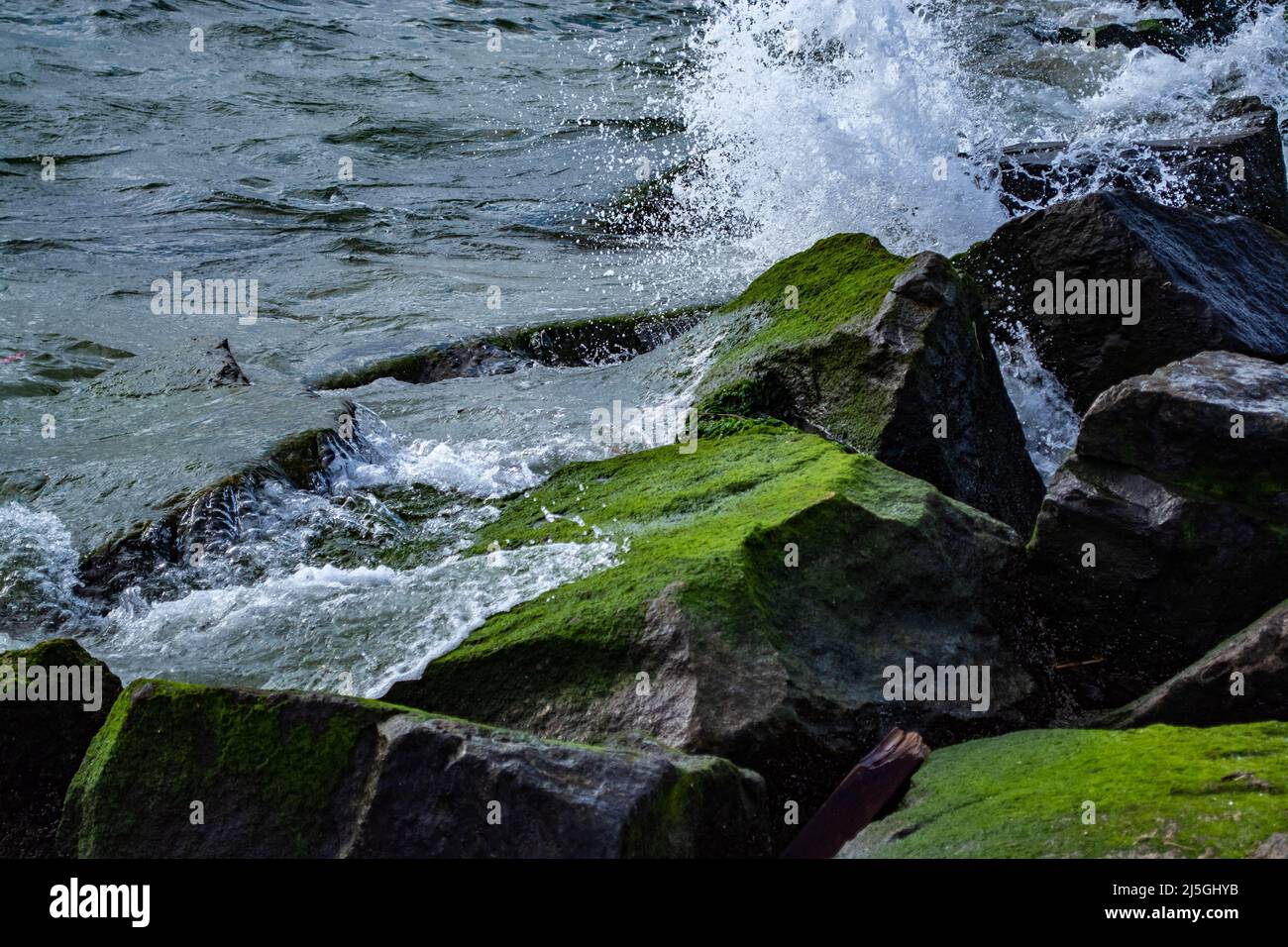 Waves splashing on the stones at the beach Stock Photo - Alamy