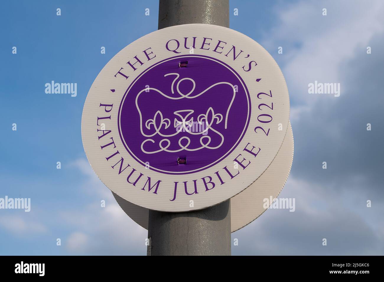 Eton Wick, Windsor, Berkshire, UK. 23rd April, 2022. Markers have been put up in the village of Eton Wick this afternoon ahead of The Queen's Platinum Jubilee celebrations at the beginning of June. A number of special events are being held in Windsor to mark the very special occasion. Credit: Maureen McLean/Alamy Live News Stock Photo