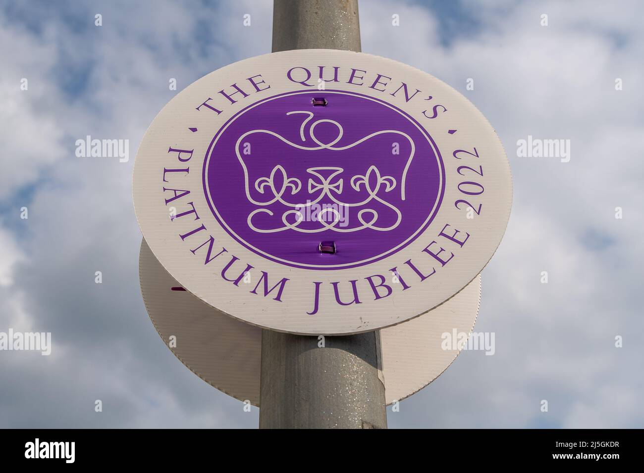 Eton Wick, Windsor, Berkshire, UK. 23rd April, 2022. Markers have been put up in the village of Eton Wick this afternoon ahead of The Queen's Platinum Jubilee celebrations at the beginning of June. A number of special events are being held in Windsor to mark the very special occasion. Credit: Maureen McLean/Alamy Live News Stock Photo